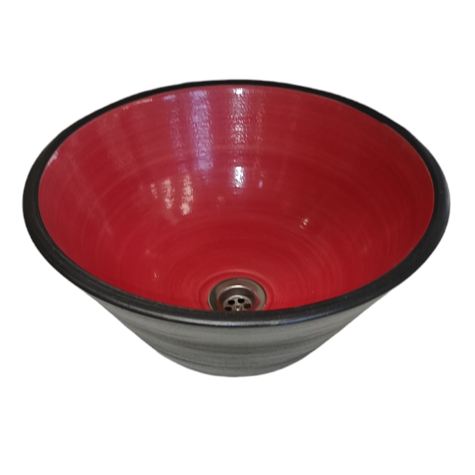 Bacha Artesanal Elíptica De Apoyo Fango 35X13 Roja Y Negra