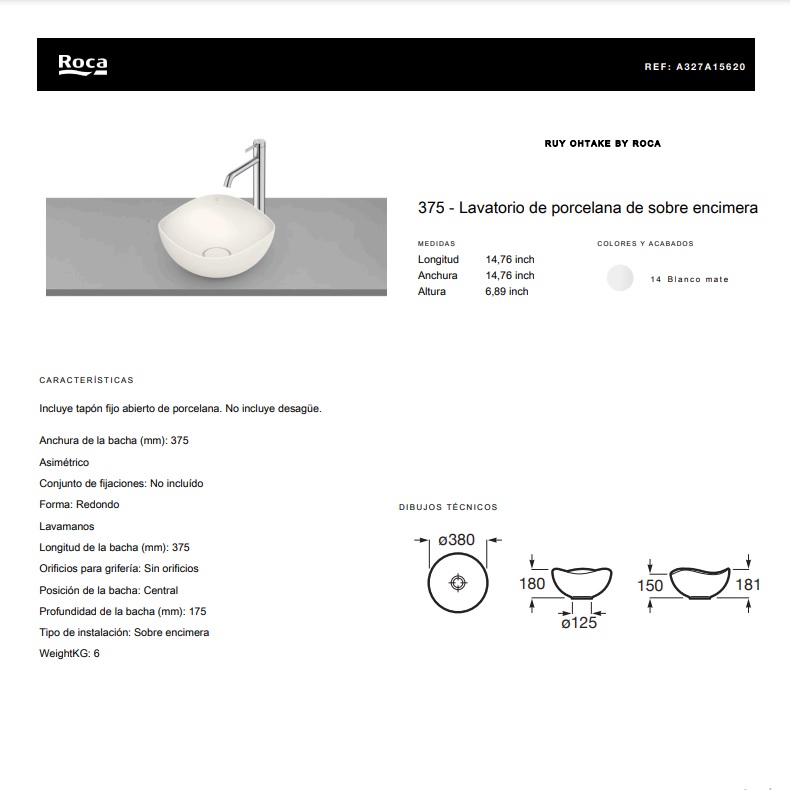 Bacha De Apoyar Roca Ruy Ohtake Blanca 37,5 Cm