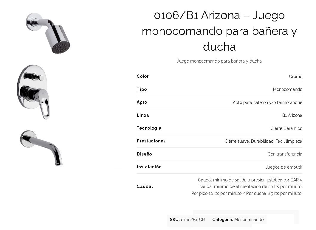 Griferia Monocomando Para Ducha Con Transferencia Fv Arizona 106/B1