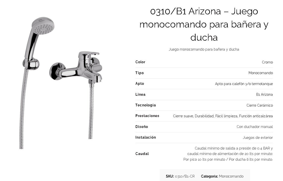 Griferia Monocomando Para Ducha Exterior Con Transferencia Fv Arizona 310