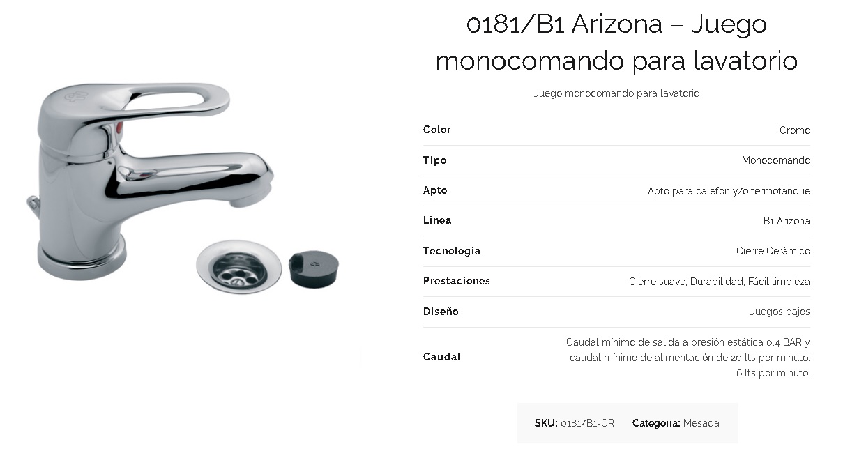Griferia Monocomando Para Lavatorio Fv Arizona 181/B1